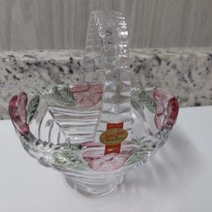 Anna Hutte Crystal Easter Basket Handles Clear Pink Flowers Green Leaves Vintage